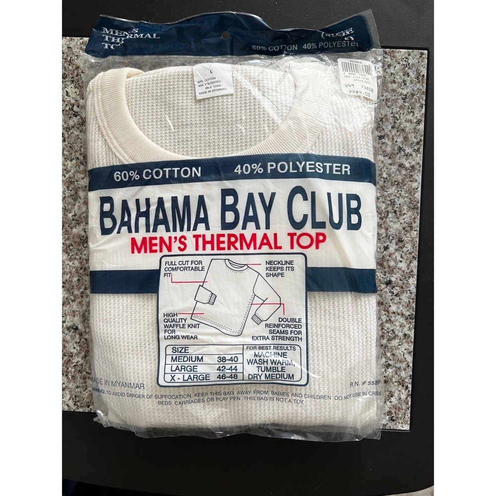 Bahama Bay Club Mens Thermal Top Waffle Knit Off-White Crew Neck Large 6350L NEW